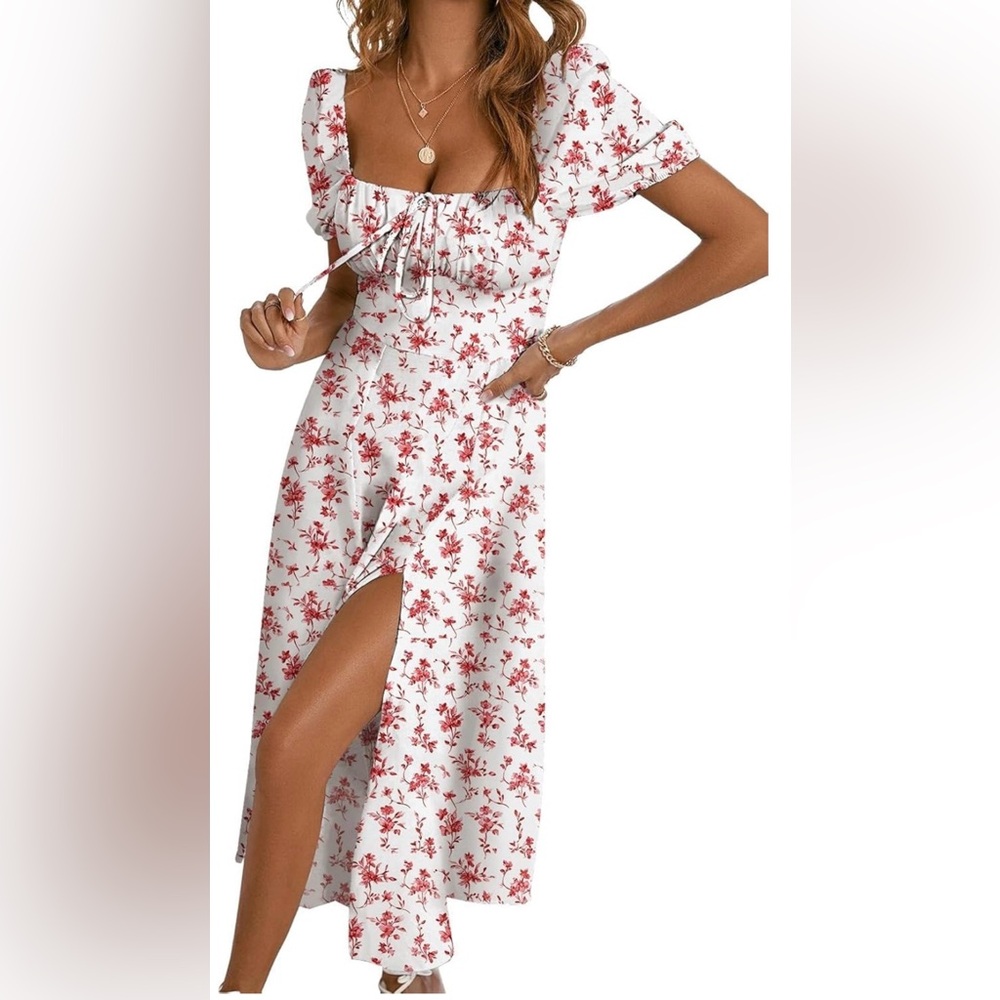 White and Red Ruched Wrap Sundress with Puff Sleeves